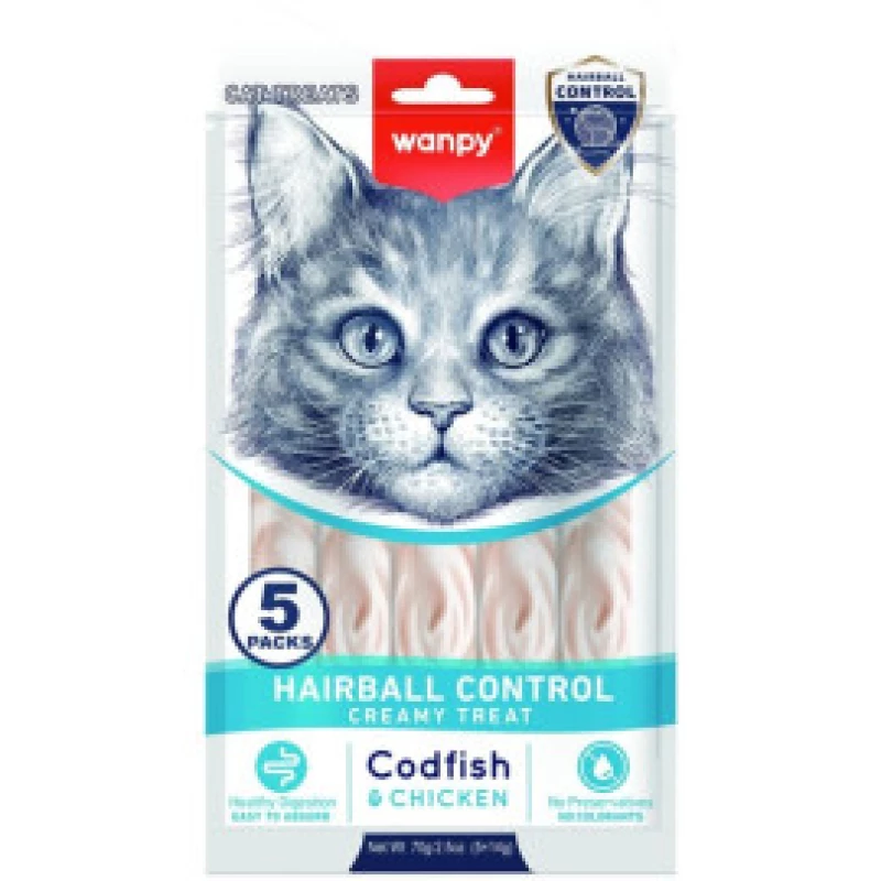Wanpy Crème Functionnal - Hairball Control au Cabillaud et Poulet (5*14g)